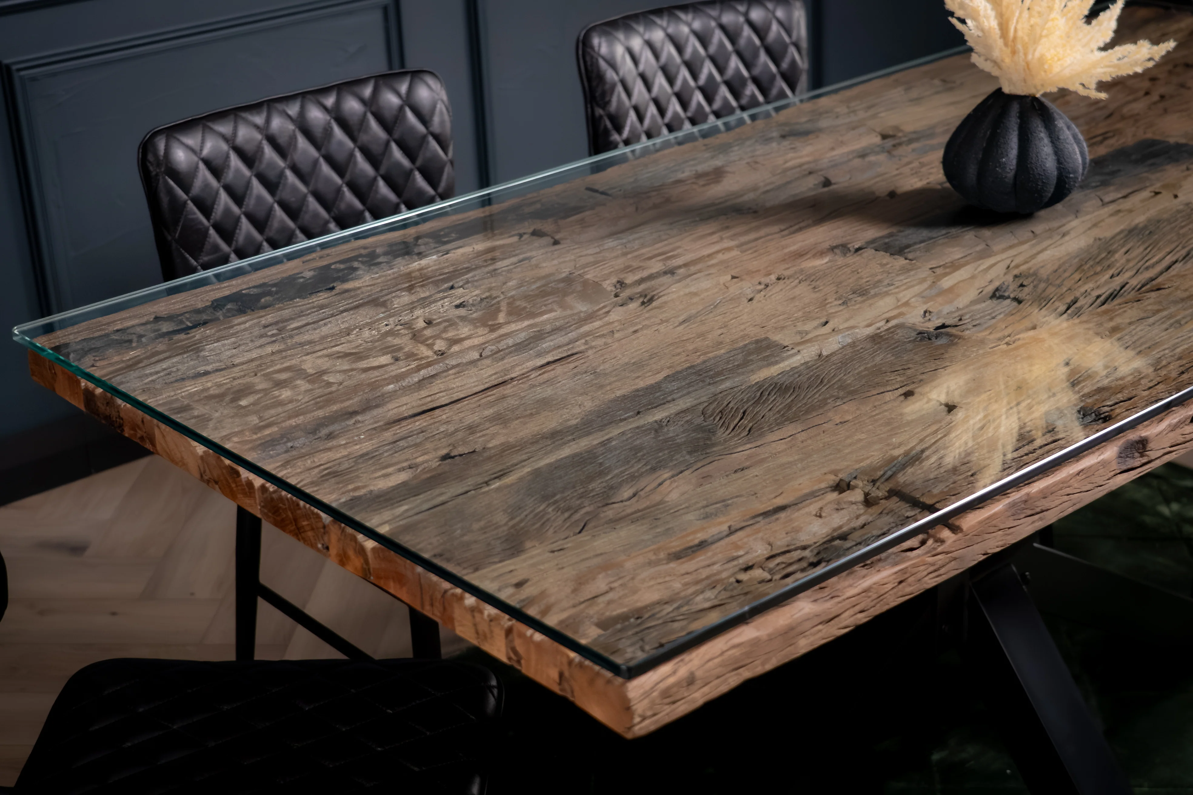 Recycled Wood Dining Table 220cm – Forest Glass Top Spider Frame I 90 cm wide - Image 5