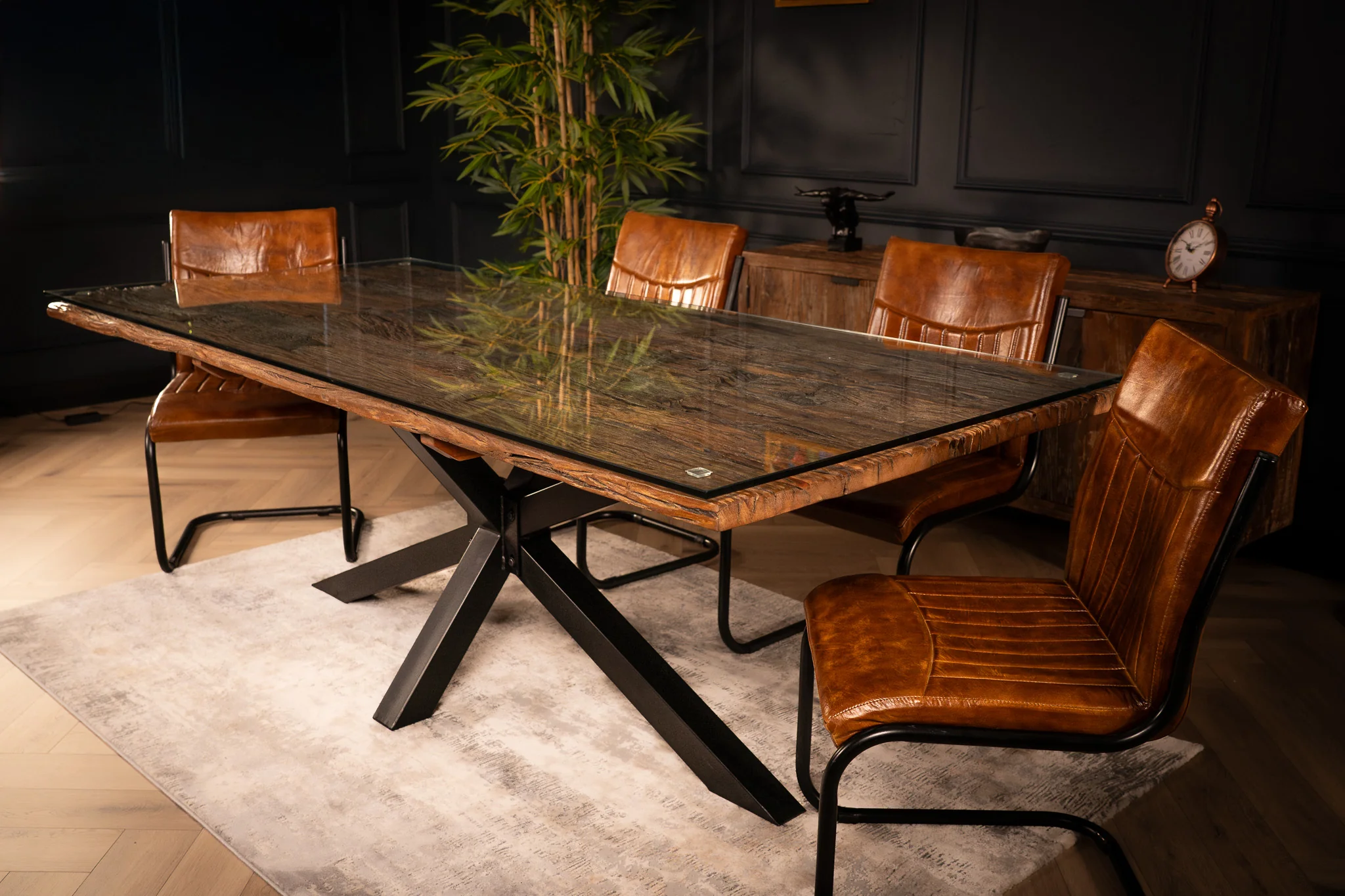 Recycled Wood Dining Table 220cm – Forest Glass Top Spider Frame - Image 4