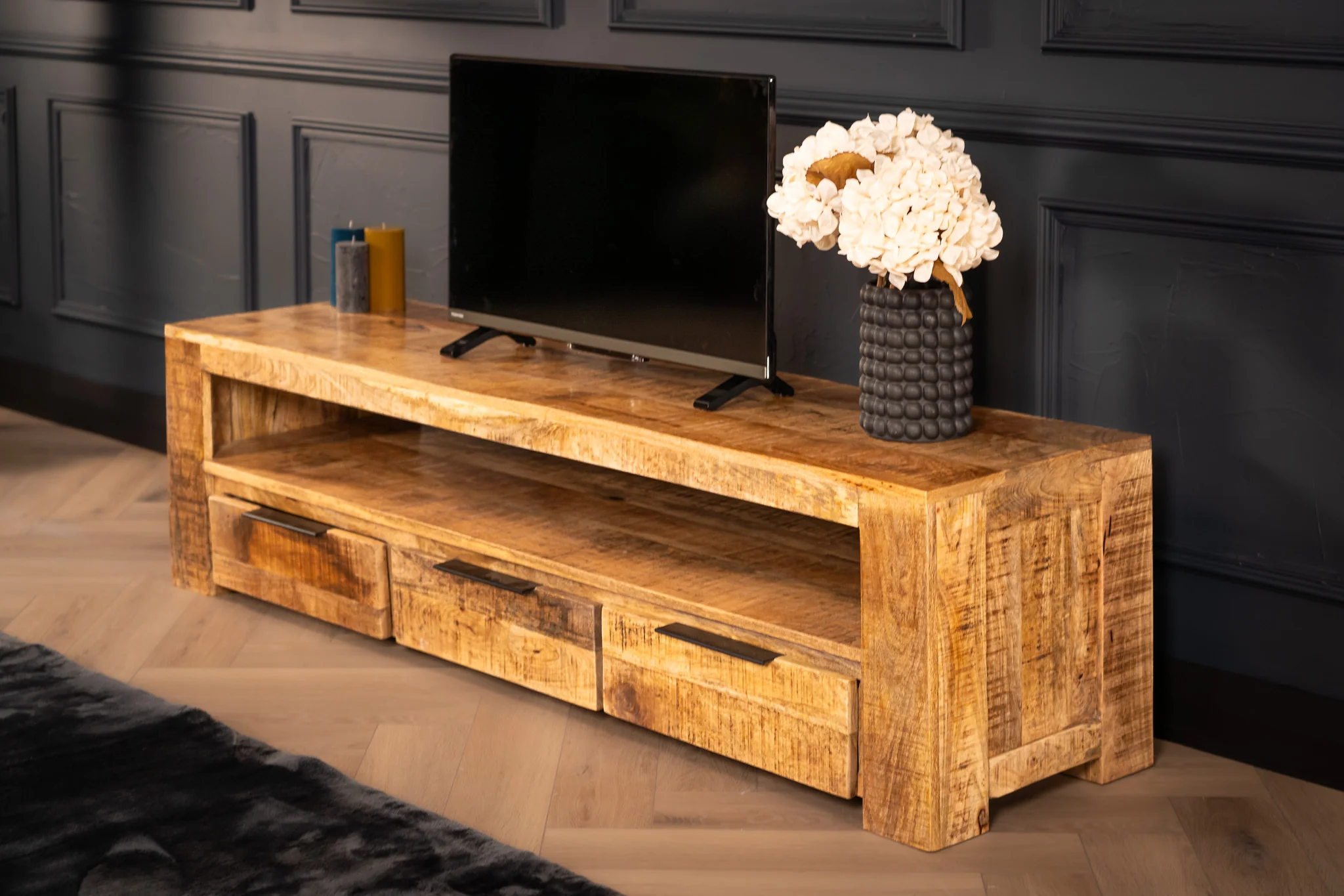 Solid Mango Wood TV Unit 170 cm – Woodland 3 Drawer Natural Brown - Image 4