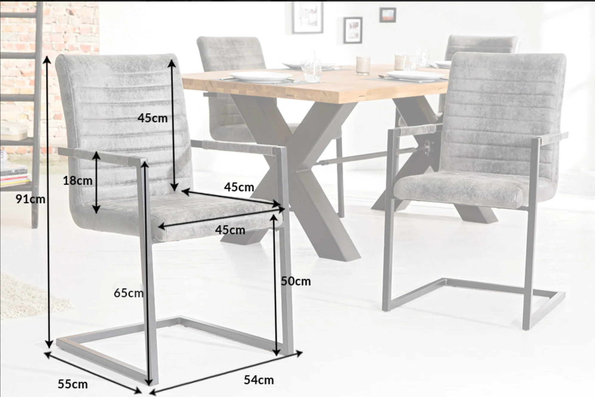 Loft Industrial Cantilever Chair Vintage Grey with Armrests and Iron Frame - Image 3