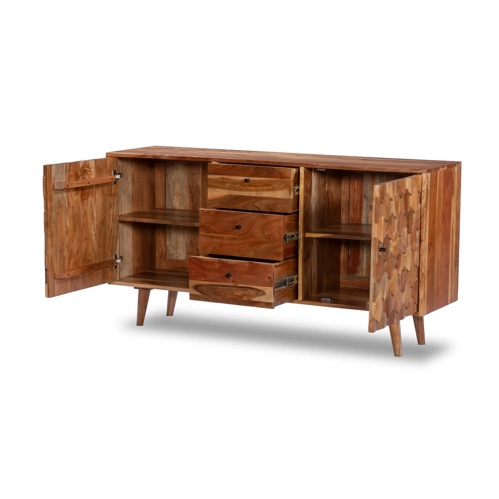 Solid Acacia Wood Sideboard Natural Brown 145 cm – Hive Three Drawers Two Doors - Image 9