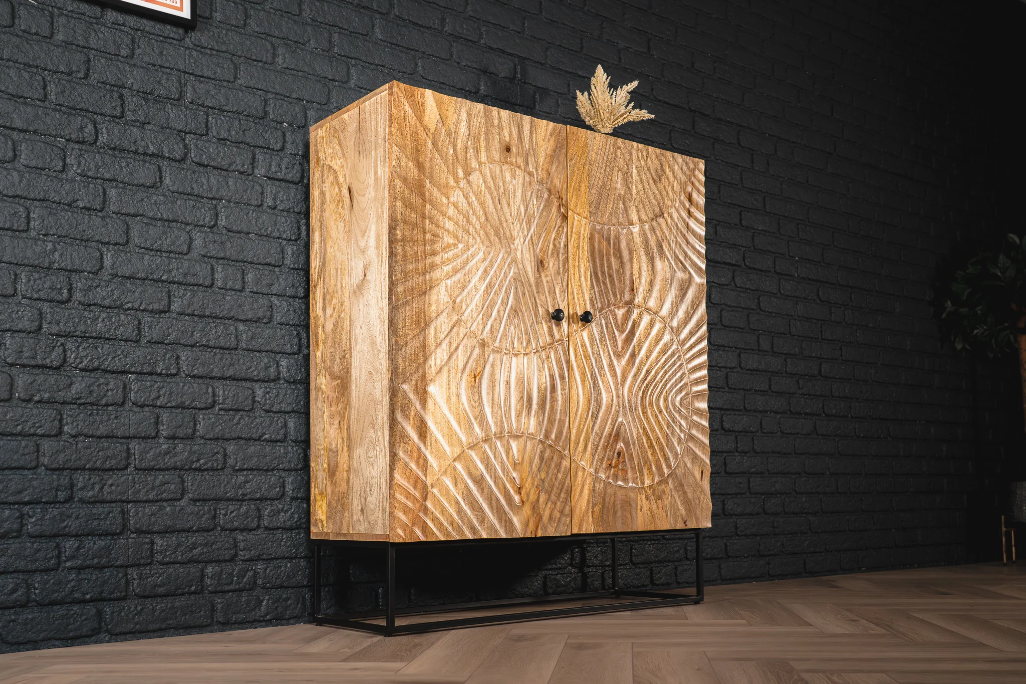 Solid Mango Wood Cabinet Natural Brown 120 cm with 3D Carved Front – Scorpion - Image 3